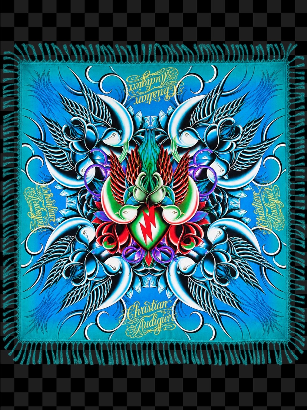 SCARF SHAWL WRAP ED HARDY 100% Silk Scarf Turquoise Aqua 40x40 Fringe Birds RARE